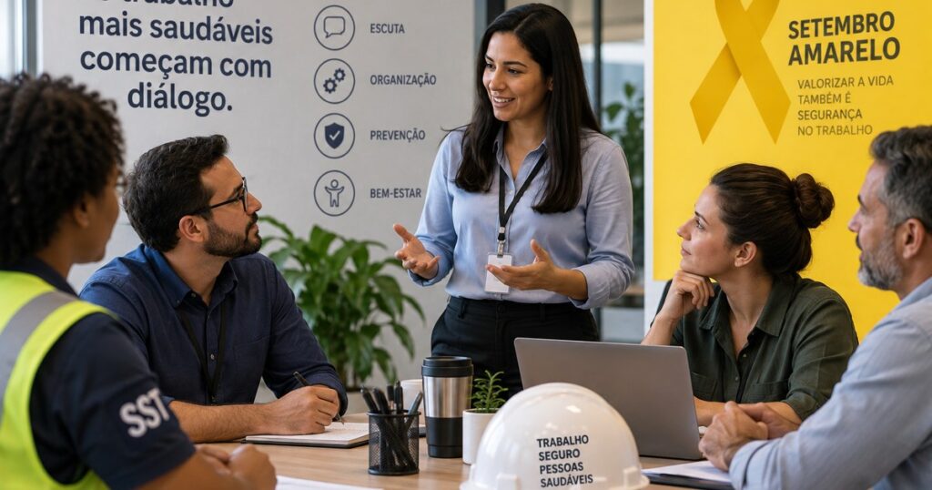 Equipe reunida em ambiente de trabalho discutindo saúde mental, prevenção e riscos psicossociais na NR-1 durante o Setembro Amarelo.
